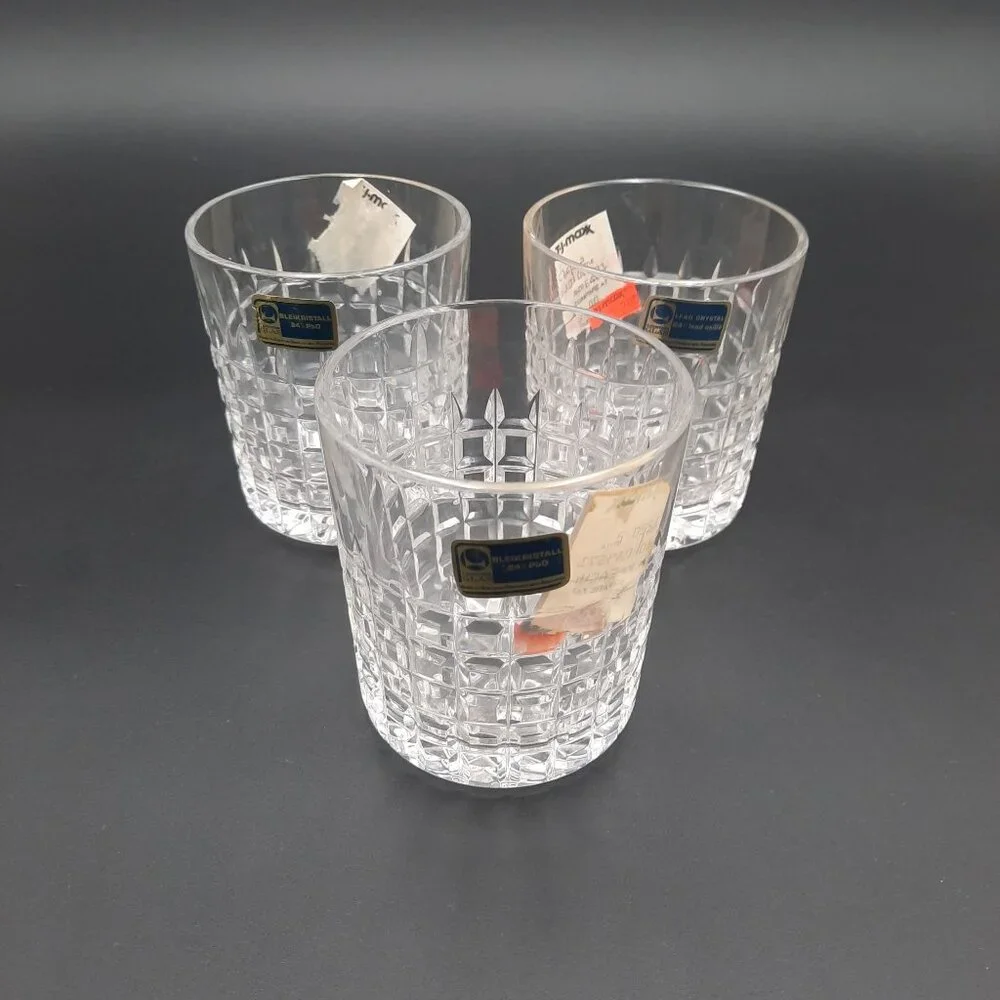 Vintage Bleikristall Crystal Glass Tumblers Striped Plaid Tartan Set Of 3‎